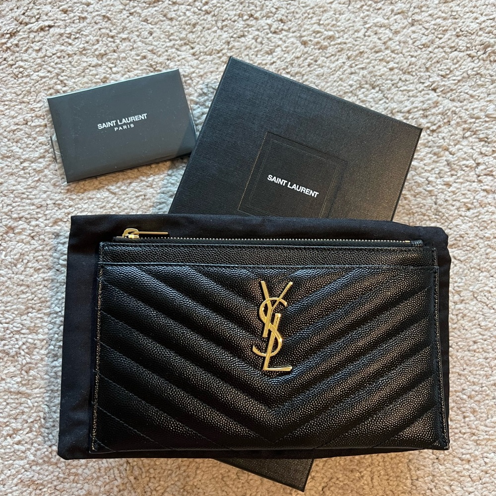Saint Laurent Black Leather Pouch with Gold Zipper